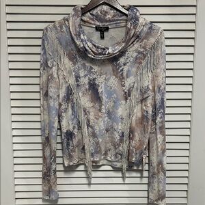 Jessica Simpson Western Cowl Neck Long Sleeve Top with Fringe Blues and Cream